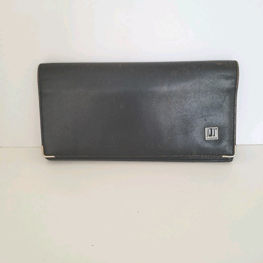 Dunhill Designer Checkbook Card Slim Bill Holder Wallet Black Bifold Leather